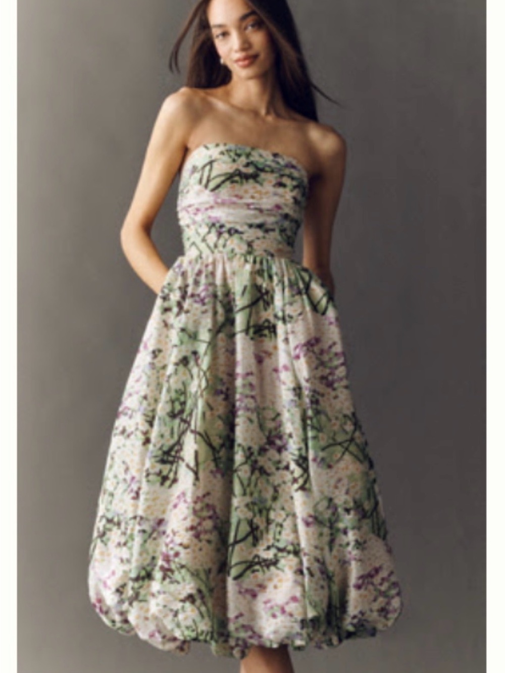 Tracy Reese Strapless Floral Midi Dress in Light Green and Lavender